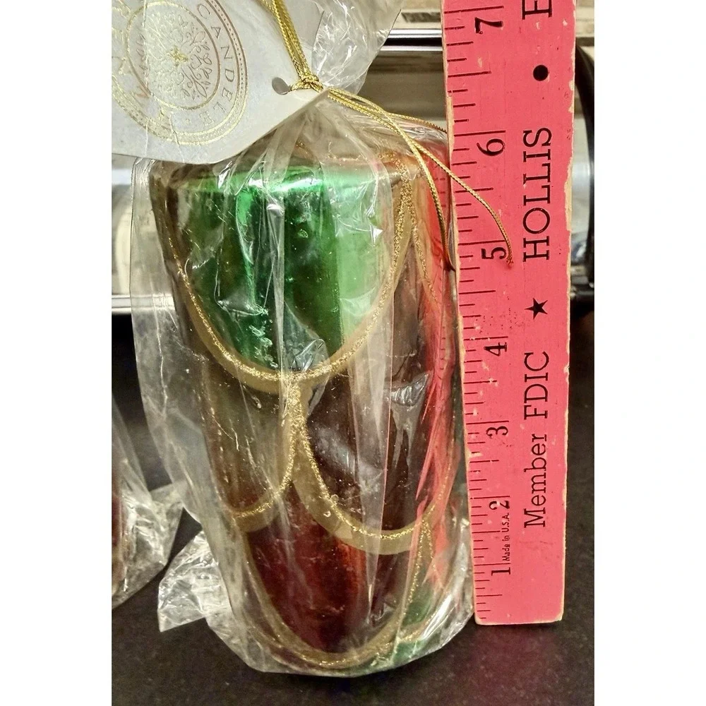 Vtg Candele Firenze Pillar Candles NOS Red Green Gold Set of 2 Made In Poland